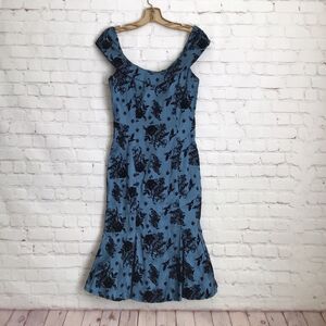 Voodoo Vixen Blue Taffeta Flocked Dress M Off Shoulder Fit and Flare Scoop V
